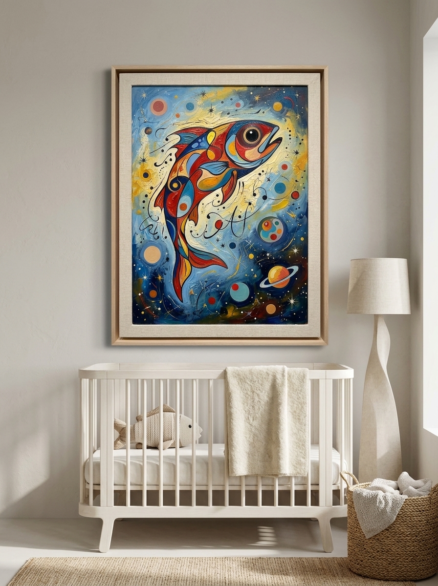 Fish Swimming Through Planets shown on a wall in a child's bedroom