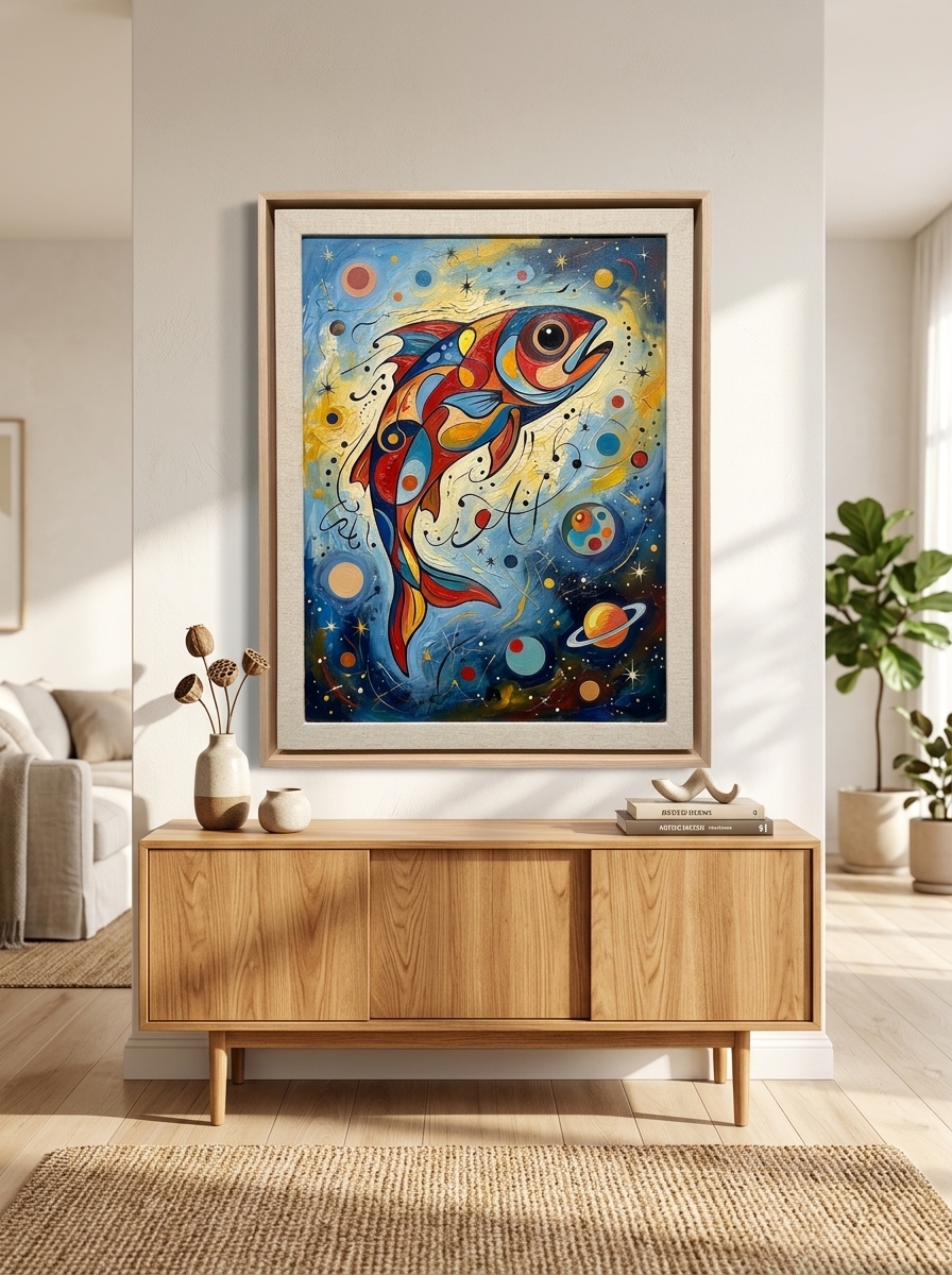 Fish Swimming Through Planets shown on a wall in a playroom