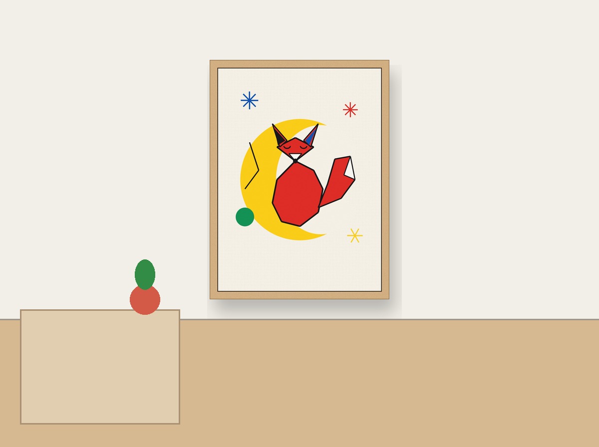 Sleepy Fox Under Stars shown on a wall in a child's bedroom
