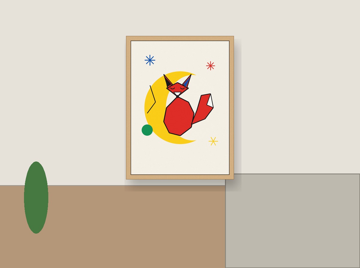 Sleepy Fox Under Stars shown on a wall in a playroom