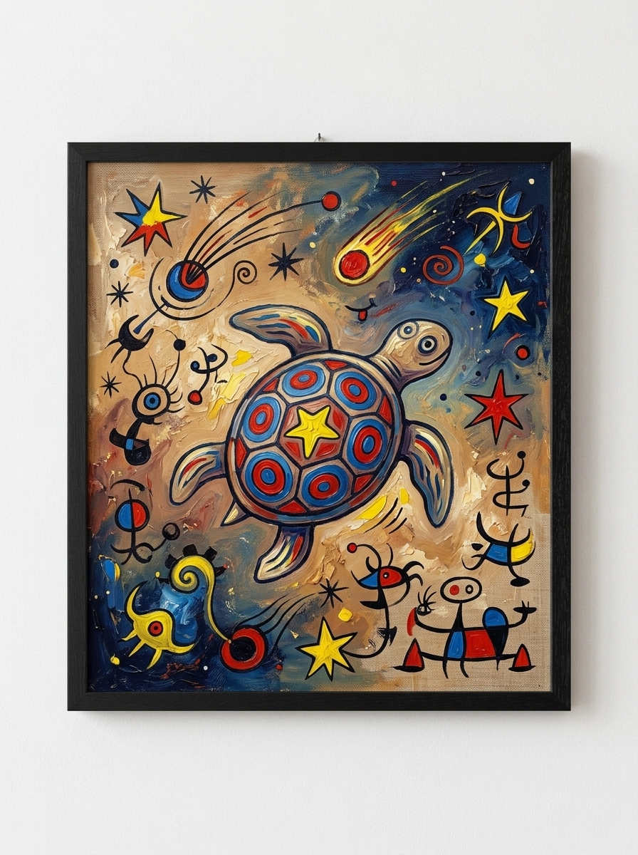 Turtle Swimming Past Comets — an AI-generated artwork from the Animal Friends collection